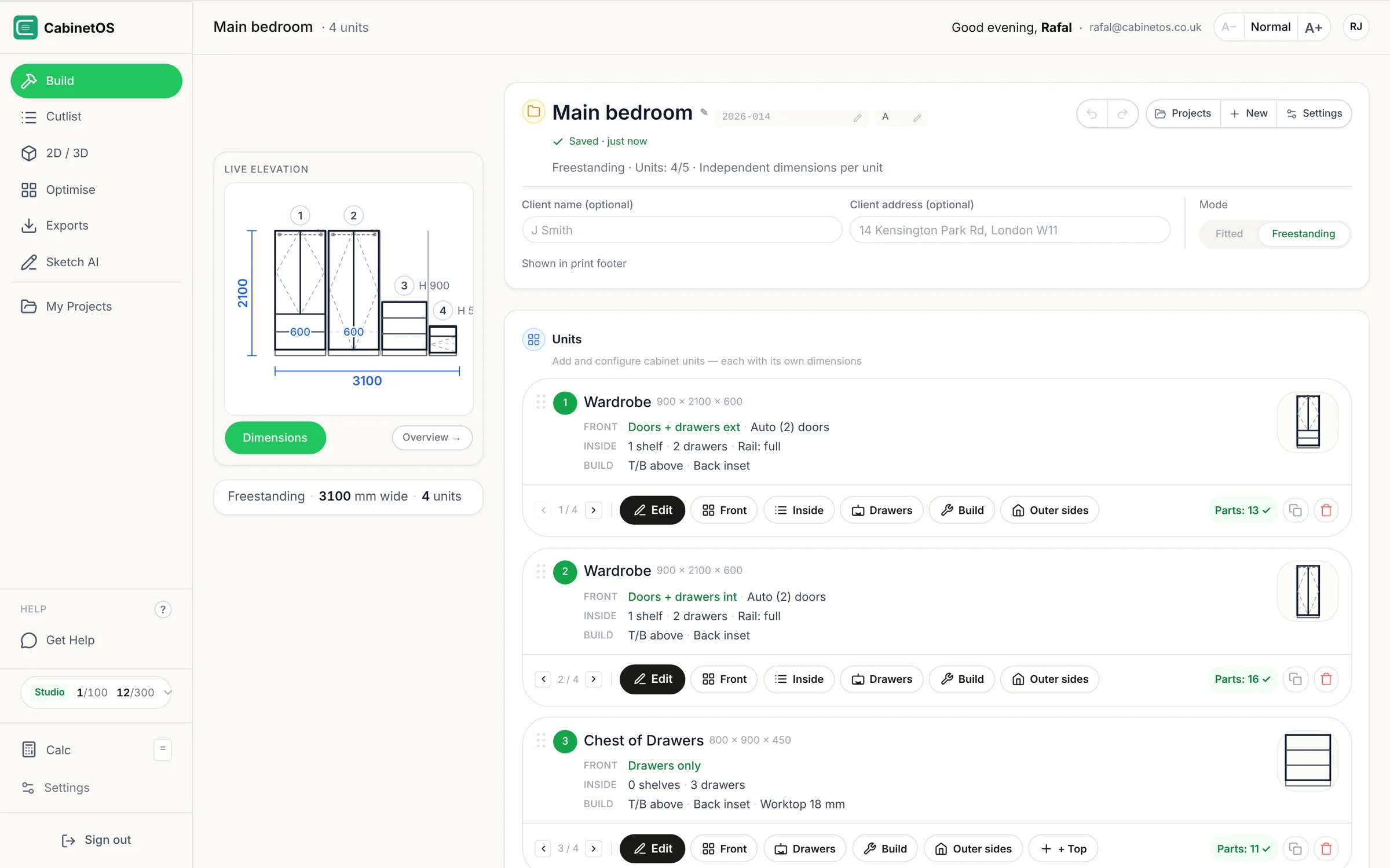 CabinetOS on a desktop: the Build page with a live elevation of a bedroom — two wardrobes, a chest of drawers and a night stand, 3100 mm wide in total.