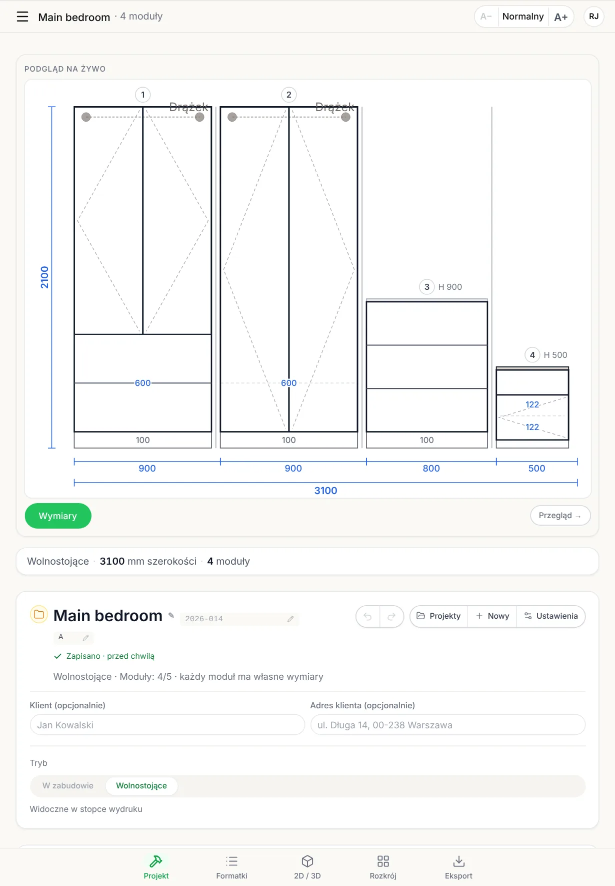 CabinetOS na iPadzie: strona Projekt z widokiem z przodu sypialni — dwie szafy, komoda i szafka nocna, razem 3100 mm szerokości.