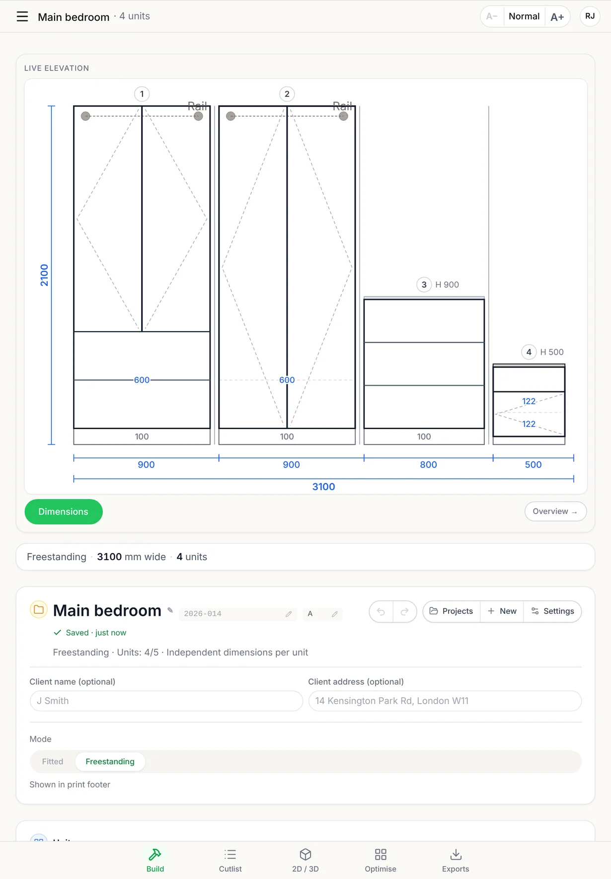 CabinetOS on an iPad: the Build page with a live elevation of a bedroom — two wardrobes, a chest of drawers and a night stand, 3100 mm wide in total.