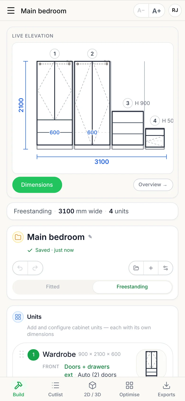 CabinetOS on a phone: the Build page with a live elevation of a bedroom — two wardrobes, a chest of drawers and a night stand, 3100 mm wide in total.