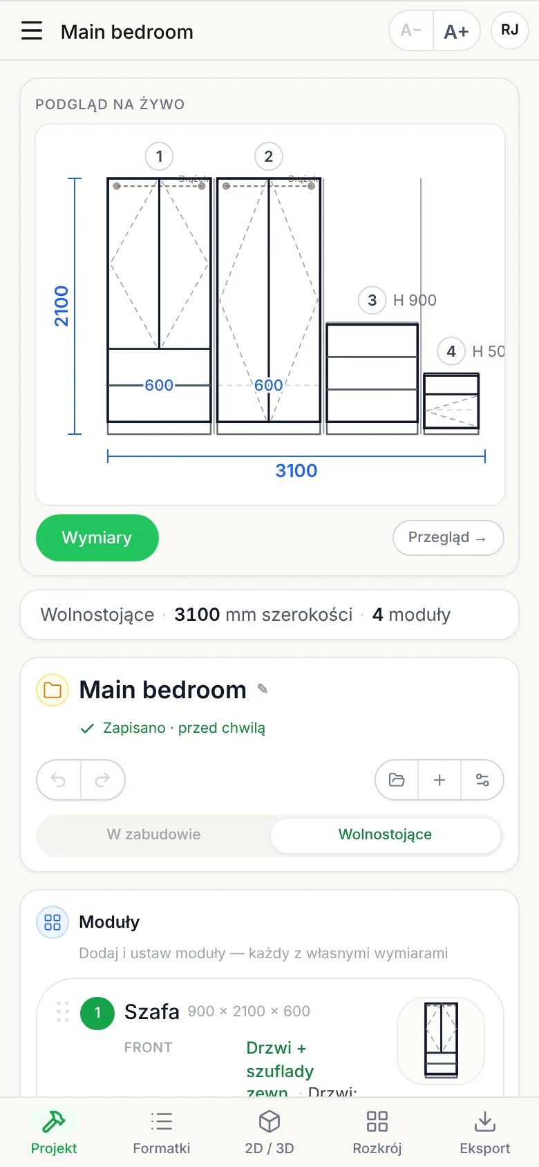 CabinetOS na telefonie: strona Projekt z widokiem z przodu sypialni — dwie szafy, komoda i szafka nocna, razem 3100 mm szerokości.
