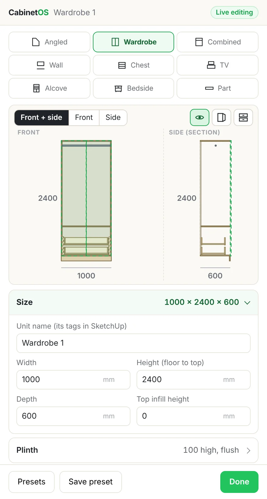 Panel rozszerzenia w SketchUpie: szafa 1000 mm z widokiem z przodu, z boku i wymiarami
